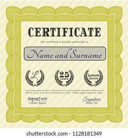 Yellow Diploma or certificate template. Elegant design. Detailed. With great quality guilloche pattern. 