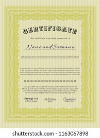 Yellow Diploma or certificate template. Elegant design. Detailed. With complex background. 