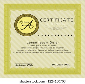 Yellow Diploma or certificate template. Elegant design. With guilloche pattern and background. Detailed. 