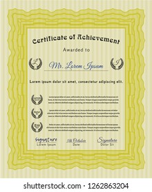 Yellow Diploma or certificate template. Elegant design. Detailed. With complex background. 
