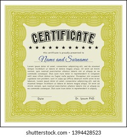 Yellow Diploma or certificate template. Elegant design. Complex background. Detailed. 