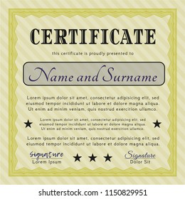 Yellow Diploma or certificate template. Good design. With great quality guilloche pattern. Vector illustration. 