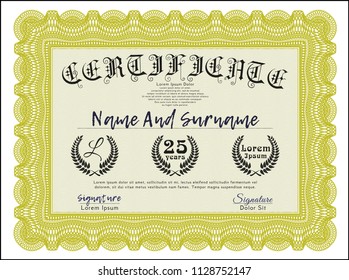 Yellow Diploma or certificate template. With great quality guilloche pattern. Artistry design. Vector illustration. 