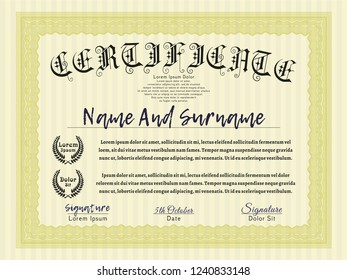 Yellow Diploma or certificate template. With great quality guilloche pattern. Elegant design. Detailed. 