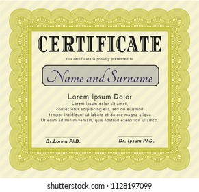 Yellow Diploma or certificate template. With guilloche pattern and background. Detailed. Artistry design. 