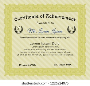 Yellow Diploma or certificate template. With guilloche pattern. Perfect design. Detailed. 