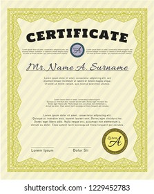Yellow Diploma or certificate template. With guilloche pattern. Detailed. Perfect design. 