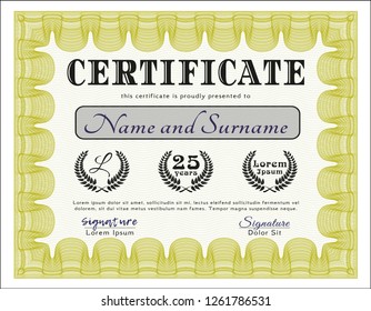 Yellow Diploma or certificate template. With guilloche pattern and background. Elegant design. Detailed. 