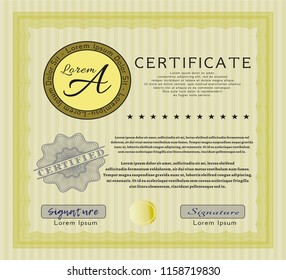 Yellow Diploma or certificate template. With linear background. Excellent design. Customizable, Easy to edit and change colors. 