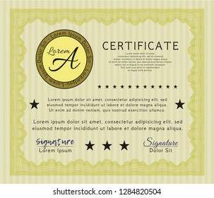 Yellow Diploma or certificate template. With linear background. Vector illustration. Money design. 
