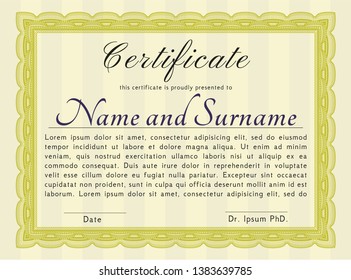 Yellow Diploma or certificate template. With linear background. Money Pattern design. Customizable, Easy to edit and change colors. 