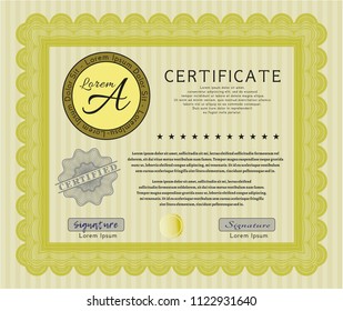 Yellow Diploma or certificate template. Money style design. Complex background. Detailed. 