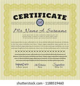 Yellow Diploma or certificate template. Money Pattern design. With guilloche pattern. Customizable, Easy to edit and change colors. 