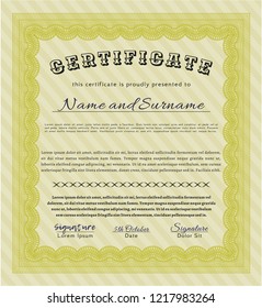 Yellow Diploma or certificate template. Money style design. Detailed. With great quality guilloche pattern. 