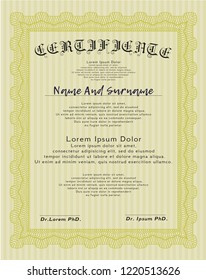 Yellow Diploma or certificate template. Money style design. With background. Detailed. 