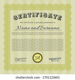 Yellow Diploma or certificate template. Money Pattern design. Vector illustration. With quality background. 