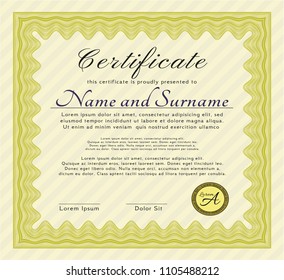 Yellow Diploma or certificate template. Nice design. Vector illustration. With great quality guilloche pattern. 