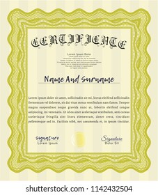 Yellow Diploma or certificate template. Printer friendly. Detailed. Money Pattern. 