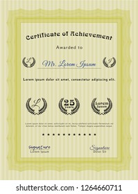 Yellow Diploma or certificate template. Printer friendly. Cordial design. Detailed. 