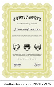 Yellow Diploma or certificate template. Printer friendly. Detailed. Retro design. 