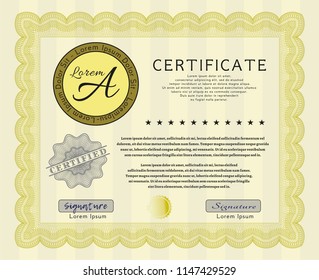 Yellow Diploma or certificate template. With quality background. Money Pattern. Detailed. 