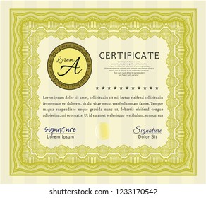 Yellow Diploma or certificate template. With quality background. Money design. Detailed. 