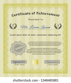 Yellow Diploma or certificate template. With quality background. Modern design. Detailed. 