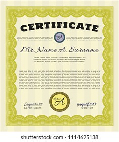 Yellow Diploma or certificate template. Retro design. With complex linear background. Customizable, Easy to edit and change colors. 