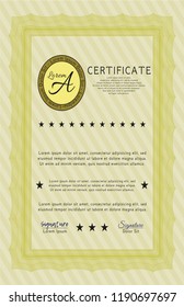 Yellow Diploma or certificate template. Retro design. Detailed. Complex background. 