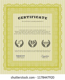 Yellow Diploma or certificate template. Superior design. Vector illustration. Printer friendly. 