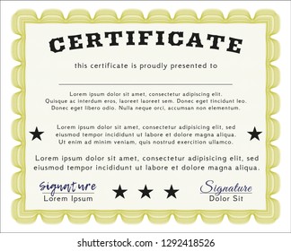 Yellow Diploma or certificate template. Superior design. Customizable, Easy to edit and change colors. With guilloche pattern and background. 