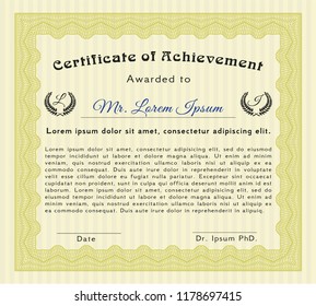 Yellow Diploma or certificate template. Vector illustration. With great quality guilloche pattern. Excellent design. 