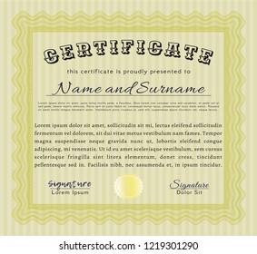 Yellow Diploma or certificate template. Vector illustration. With quality background. Money Pattern. 