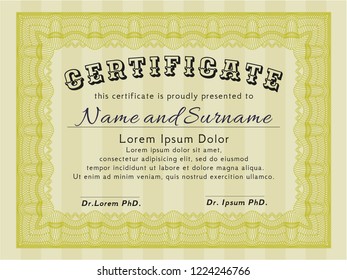 Yellow Diploma or certificate template. Vector illustration. With guilloche pattern. Artistry design. 