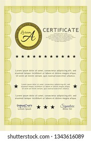 Yellow Diploma or certificate template. Vector illustration. Printer friendly. Artistry design. 