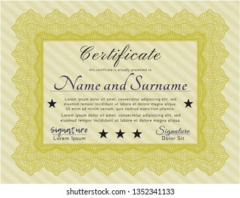 Yellow Diploma or certificate template. Vector illustration. Printer friendly. Money Pattern design. 