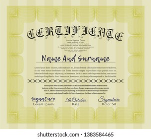 Yellow Diploma or certificate template. Vector illustration. With guilloche pattern. Elegant design. 