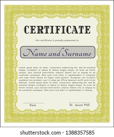 Yellow Diploma or certificate template. Vector illustration. With quality background. Excellent design. 