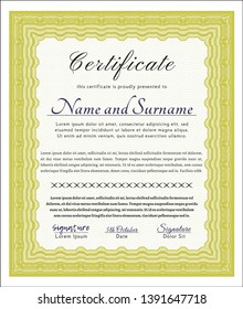 Yellow Diploma or certificate template. Vector illustration. With guilloche pattern and background. Money design. 