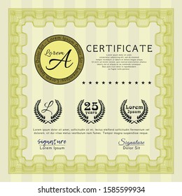 Yellow Diploma or certificate template. Vector illustration. With great quality guilloche pattern. Sophisticated design. 