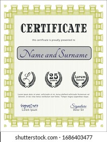Yellow Diploma or certificate template. Vector illustration. With great quality guilloche pattern. Money Pattern design. 
