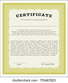 Yellow Diploma or certificate template. Vector illustration. Easy to print. Money design. 