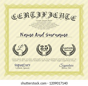Yellow Diploma. Complex background. Cordial design. Vector illustration. 