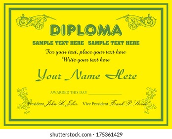Yellow diploma concept with green frame and decorative elements