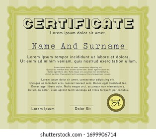 Yellow Diploma. Cordial design. With guilloche pattern. Detailed. 