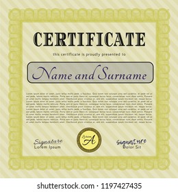 Yellow Diploma. Customizable, Easy to edit and change colors. With guilloche pattern and background. Money style design. 
