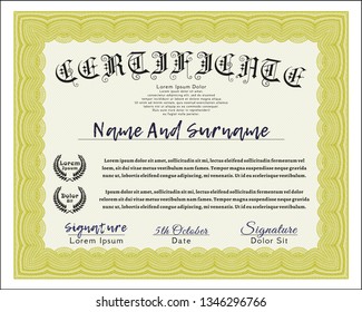 Yellow Diploma. Customizable, Easy to edit and change colors. With guilloche pattern. Retro design. 