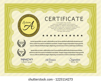 Yellow Diploma. Good design. Vector illustration. With guilloche pattern and background. 