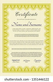 Yellow Diploma. With guilloche pattern and background. Detailed. Lovely design. 