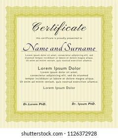 Yellow Diploma. With guilloche pattern. Vector illustration. Excellent design. 